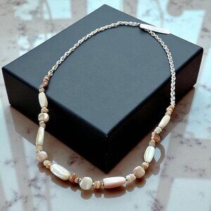 Peyote Bird Free Spirit Necklace Mother of Pearl Agate Beaded Silver Tone Chain